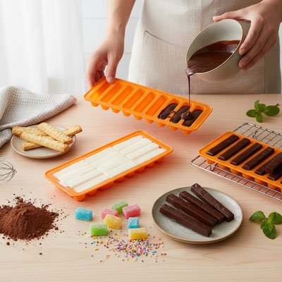 personne qui remplit les 3 moules de chocolat