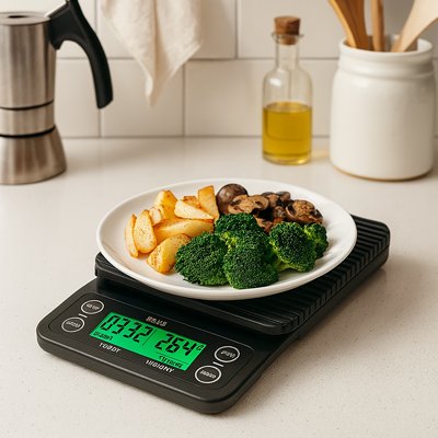 Balance cuisine noir avec une assiette