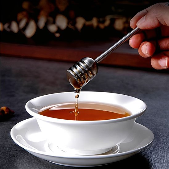 Cuillère à miel versant du miel dans une tasse