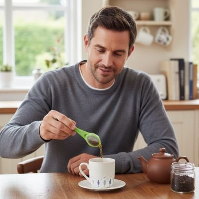 Cuillère à thé avec un homme qui infuse du thé