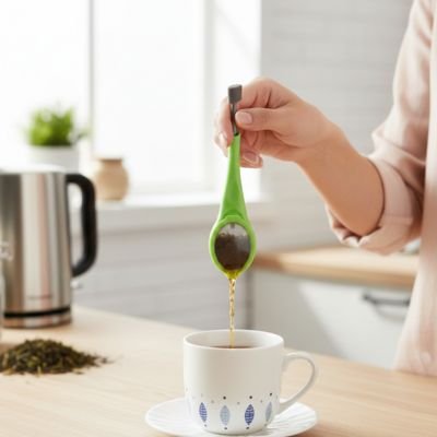 Cuillère à thé verte sur une tasse