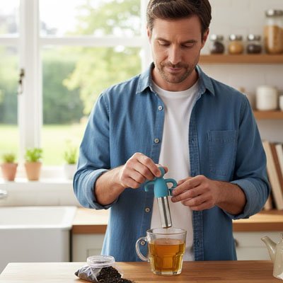 Infuseur à thé dans les mains d'un homme