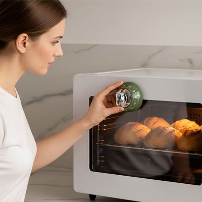 Minuteur cuisine collé sur la vitre du four
