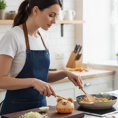 Minuteur cuisine avec une femme qui cuisine avec une poêle