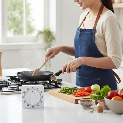Minuteur cuisine avec des légumes et une cuisinière 