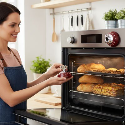 Minuteur cuisine dans la main devant le four