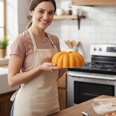 Moule à gâteau silicone tenu par une jeune femme