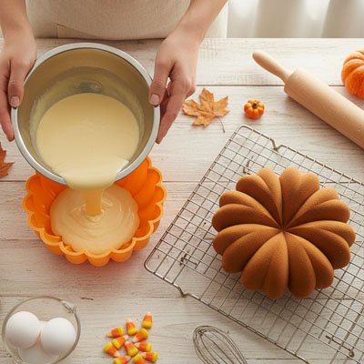 Moule à gâteau silicone sur une grille avec la préparation d'un autre gâteau