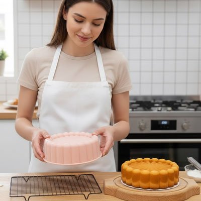 Moule à gâteau silicone en plein démoulage sur une grille