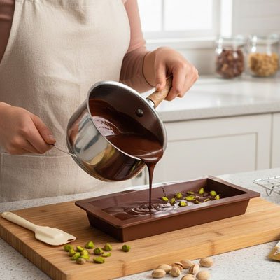 Casserole qui remplit un moule de chocolat