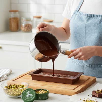 femme qui verse du chocolat dans une moule