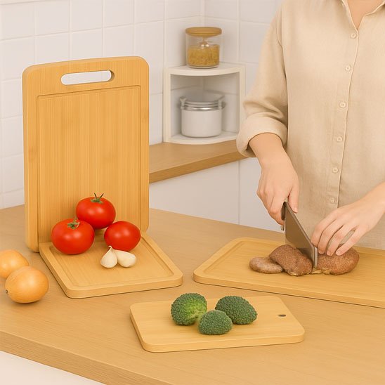Planche à découper bois avec des fruits et légumes