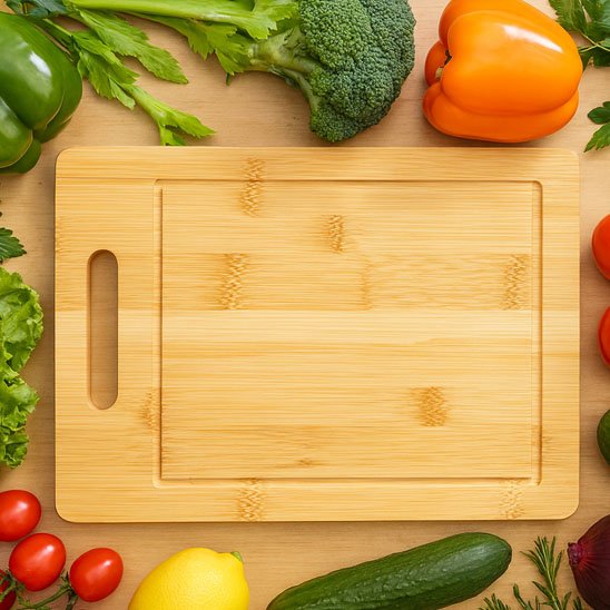 Planche à découper bois 1 pce avec des légumes autour
