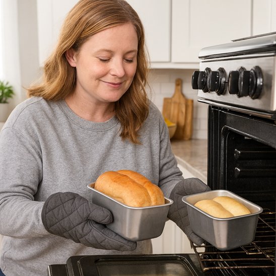 cuisinière avec 2 moules qui sortent du four