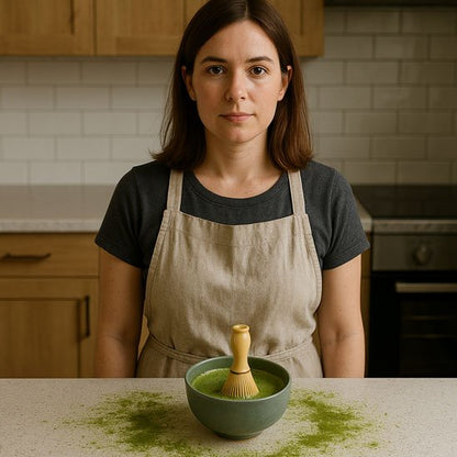 femme avec un bol et fouet matcha
