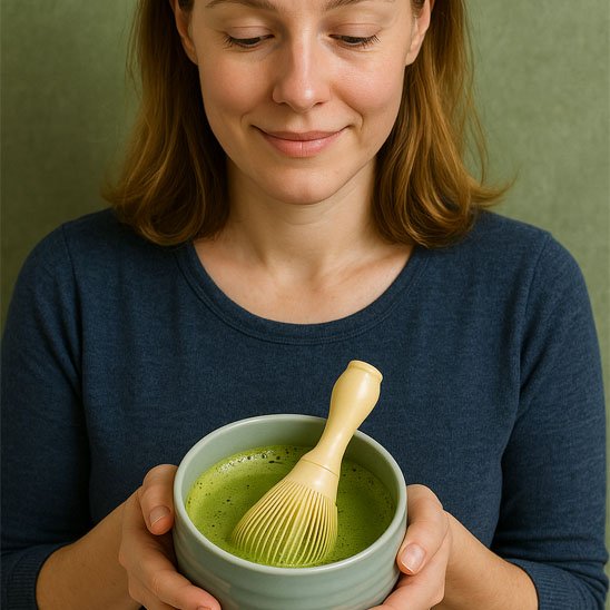 femme qui tient un bol à thé plus un fouet matcha