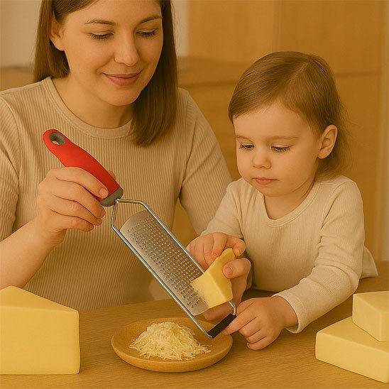 Râpe à fromage avec une jeune femme et un enfant
