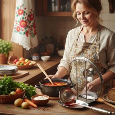 Repose cuillère avec une femme faisant une soupe