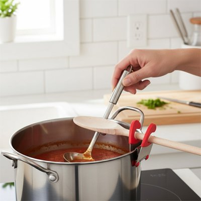 Repose cuillère sur une casserole avec une louche et une spatule en bois