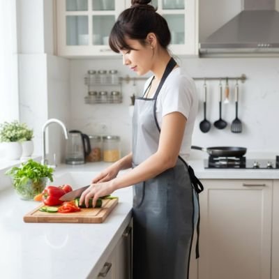 Tablier de cuisine porté par une femme coupant des aliments