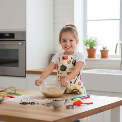 Tablier de cuisine enfant avec une préparation pâtissière