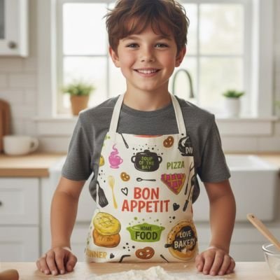 Tablier de cuisine enfant sur un jeune garçon