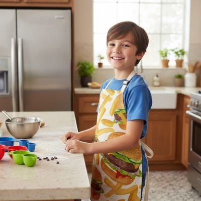 Tablier de cuisine enfant préparant un gâteau