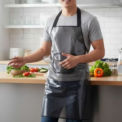 Tablier de cuisine noir transparent dans la cuisine
