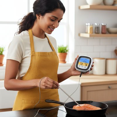 Thermometre de cuisson avec une femme qui contrôle la température de la viande