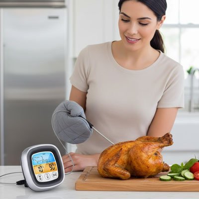 Thermometre de cuisson piqué dans un poulet