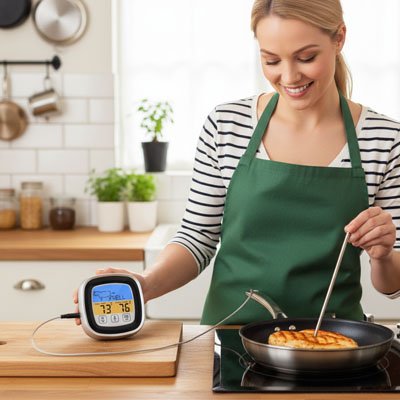 Thermometre de cuisson sur la table de la cuisine controlant une viande