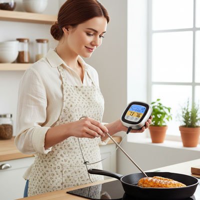 Thermometre de cuisson tenue par une dame